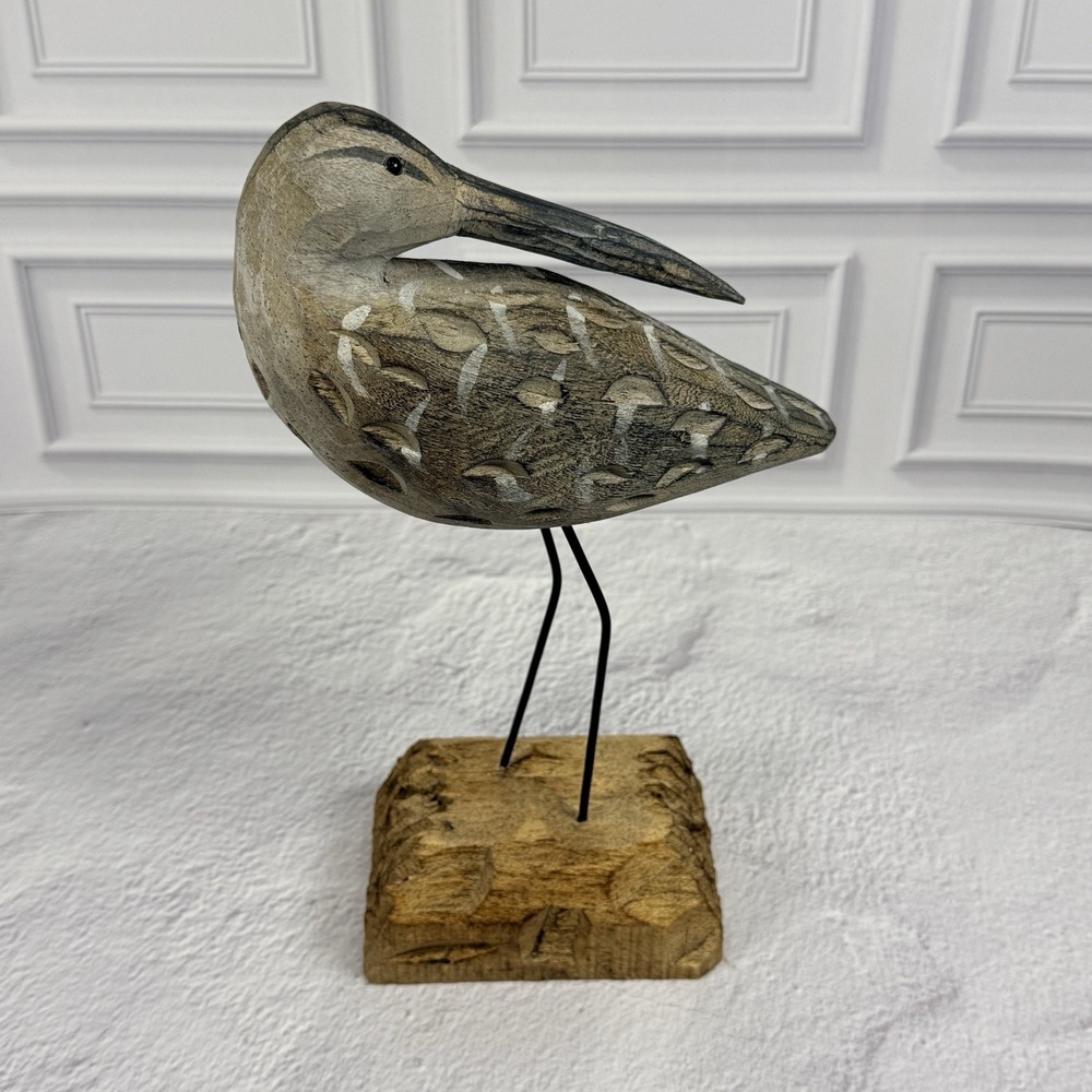 Hand Carved Wooden Egret Shorebird Sculpture Coastal Beach Decor Rustic Bird Art - Picture 4 of 16